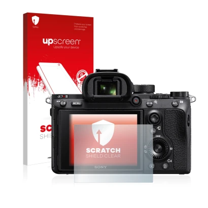 Parte frontale di una confezione del prodotto con il logo del marchio upscreen. Accanto è raffigurato il dispositivo Sony Alph
