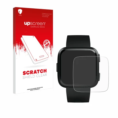Parte frontale di una confezione del prodotto con il logo del marchio upscreen. Accanto è raffigurato il dispositivo Fitbit Ve