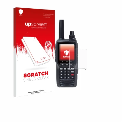 Parte frontale di una confezione del prodotto con il logo del marchio upscreen. Accanto è raffigurato il dispositivo Yaesu FTA
