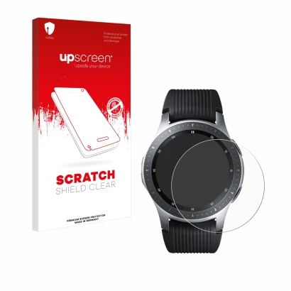 Parte frontale di una confezione del prodotto con il logo del marchio upscreen. Accanto è raffigurato il dispositivo Samsung G