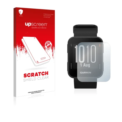 Parte frontale di una confezione del prodotto con il logo del marchio upscreen. Accanto è raffigurato il dispositivo Garmin Ap
