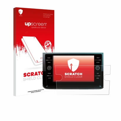 Parte frontale di una confezione del prodotto con il logo del marchio upscreen. Accanto è raffigurato il dispositivo Volkswage