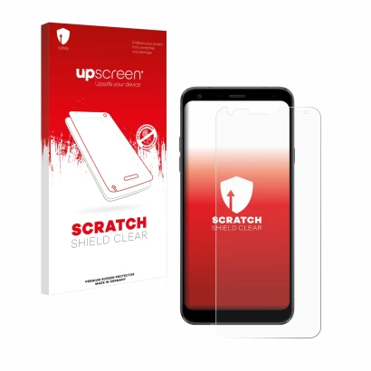 Parte frontale di una confezione del prodotto con il logo del marchio upscreen. Accanto è raffigurato il dispositivo LG Q7 con