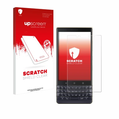 Parte frontale di una confezione del prodotto con il logo del marchio upscreen. Accanto è raffigurato il dispositivo BlackBerr