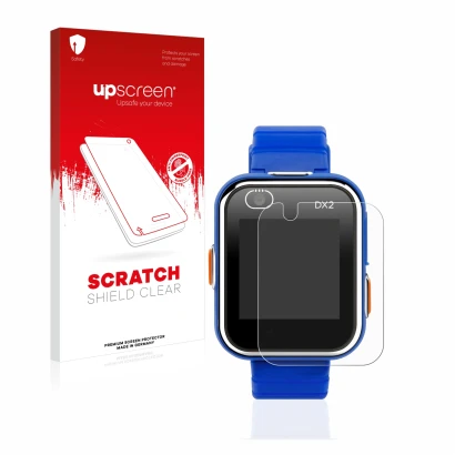 Parte frontale di una confezione del prodotto con il logo del marchio upscreen. Accanto è raffigurato il dispositivo Vtech Kid