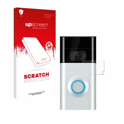 Parte frontale di una confezione del prodotto con il logo del marchio upscreen. Accanto è raffigurato il dispositivo Ring Door