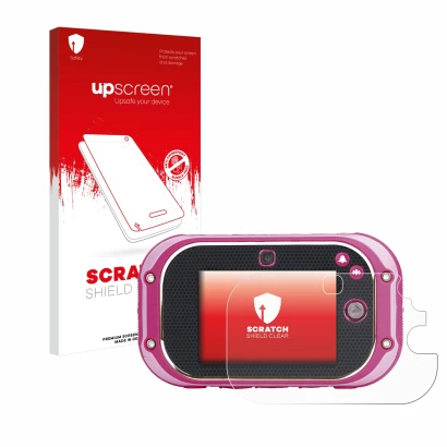 Parte frontale di una confezione del prodotto con il logo del marchio upscreen. Accanto è raffigurato il dispositivo Vtech Kid