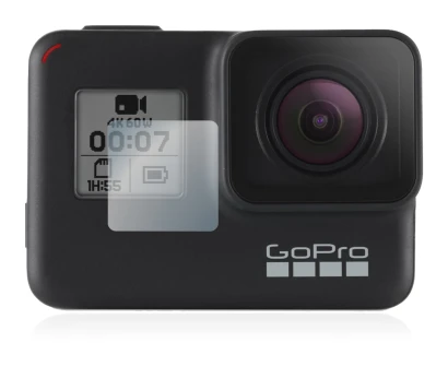 Immagine del dispositivo GoPro Hero 7 Black (Fronte Display) con un'ampia varietà di protezioni per lo schermo.