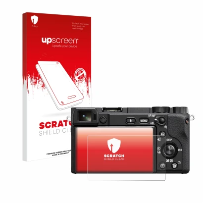 Parte frontale di una confezione del prodotto con il logo del marchio upscreen. Accanto è raffigurato il dispositivo Sony Alph