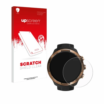 Parte frontale di una confezione del prodotto con il logo del marchio upscreen. Accanto è raffigurato il dispositivo Suunto 9