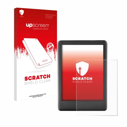 Parte frontale di una confezione del prodotto con il logo del marchio upscreen. Accanto è raffigurato il dispositivo Amazon Ki