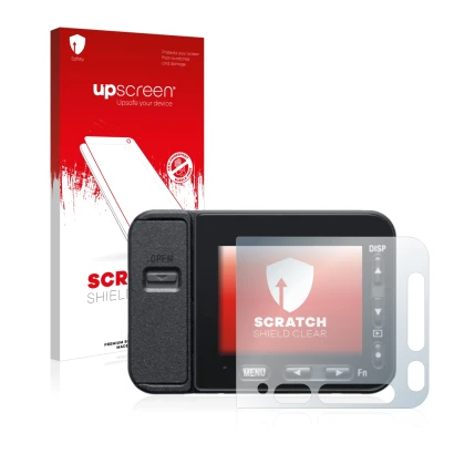 Parte frontale di una confezione del prodotto con il logo del marchio upscreen. Accanto è raffigurato il dispositivo Sony DSC-