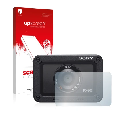Parte frontale di una confezione del prodotto con il logo del marchio upscreen. Accanto è raffigurato il dispositivo Sony DSC-