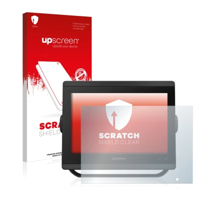 Parte frontale di una confezione del prodotto con il logo del marchio upscreen. Accanto è raffigurato il dispositivo Garmin GP