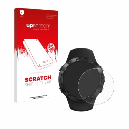 Parte frontale di una confezione del prodotto con il logo del marchio upscreen. Accanto è raffigurato il dispositivo Suunto 5 
