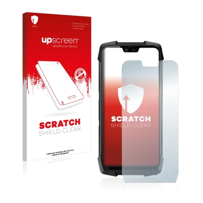 Parte frontale di una confezione del prodotto con il logo del marchio upscreen. Accanto è raffigurato il dispositivo Blackview