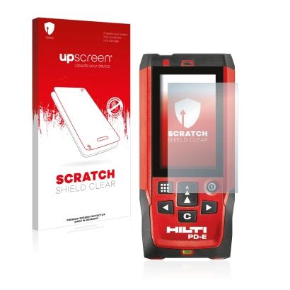 Parte frontale di una confezione del prodotto con il logo del marchio upscreen. Accanto è raffigurato il dispositivo Hilti PD-