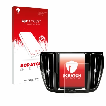 Parte frontale di una confezione del prodotto con il logo del marchio upscreen. Accanto è raffigurato il dispositivo Volvo V60