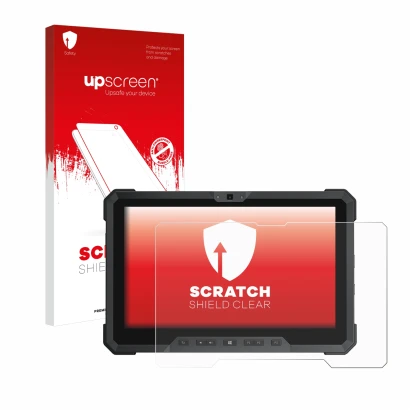 Parte frontale di una confezione del prodotto con il logo del marchio upscreen. Accanto è raffigurato il dispositivo Dell Lati