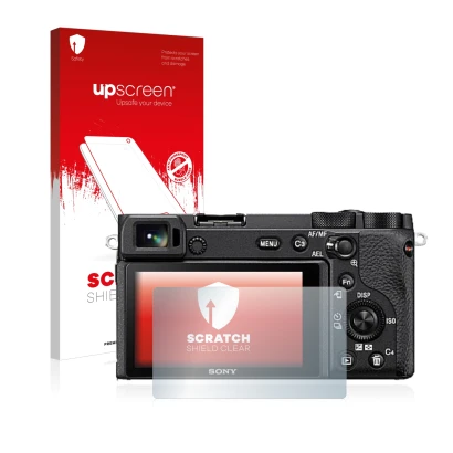 Parte frontale di una confezione del prodotto con il logo del marchio upscreen. Accanto è raffigurato il dispositivo Sony Alph