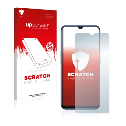 Parte frontale di una confezione del prodotto con il logo del marchio upscreen. Accanto è raffigurato il dispositivo Oppo A9 2