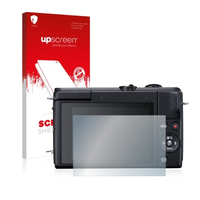 Parte frontale di una confezione del prodotto con il logo del marchio upscreen. Accanto è raffigurato il dispositivo Canon EOS