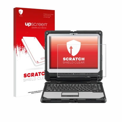 Parte frontale di una confezione del prodotto con il logo del marchio upscreen. Accanto è raffigurato il dispositivo Panasonic