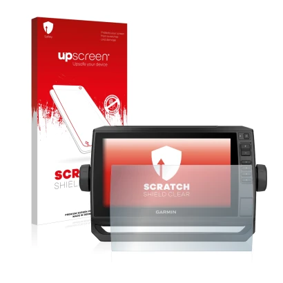 Parte frontale di una confezione del prodotto con il logo del marchio upscreen. Accanto è raffigurato il dispositivo Garmin EC