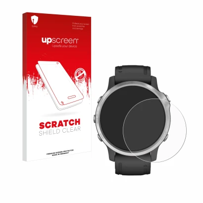 Parte frontale di una confezione del prodotto con il logo del marchio upscreen. Accanto è raffigurato il dispositivo Garmin Fe