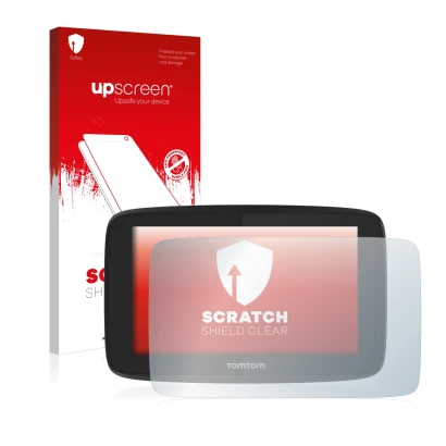 Parte frontale di una confezione del prodotto con il logo del marchio upscreen. Accanto è raffigurato il dispositivo TomTom Go