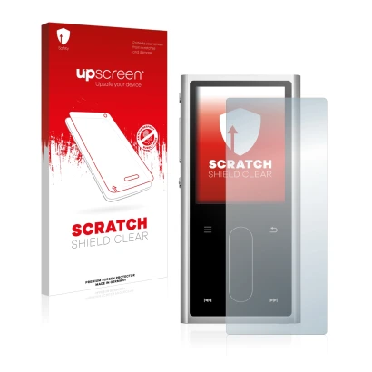 Parte frontale di una confezione del prodotto con il logo del marchio upscreen. Accanto è raffigurato il dispositivo FiiO M3K