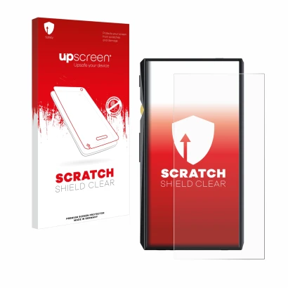 Parte frontale di una confezione del prodotto con il logo del marchio upscreen. Accanto è raffigurato il dispositivo FiiO M11