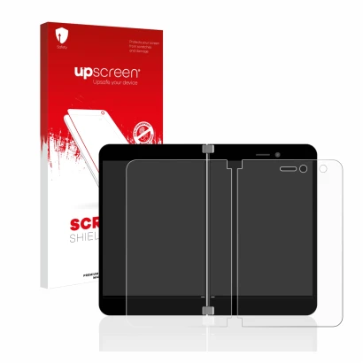 Parte frontale di una confezione del prodotto con il logo del marchio upscreen. Accanto è raffigurato il dispositivo Microsoft