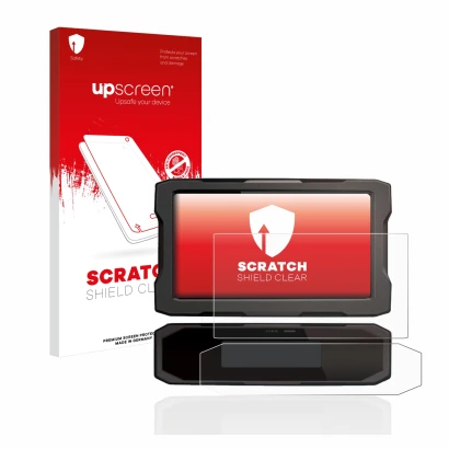 Parte frontale di una confezione del prodotto con il logo del marchio upscreen. Accanto è raffigurato il dispositivo Honda CRF