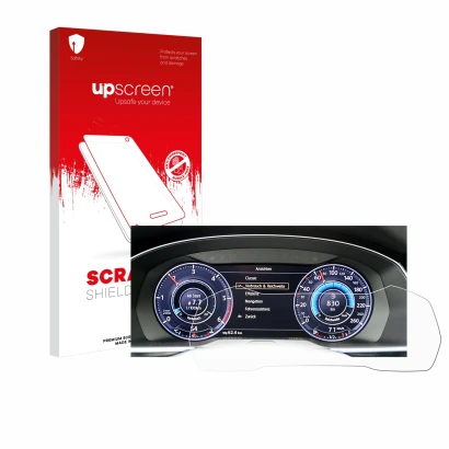 Parte frontale di una confezione del prodotto con il logo del marchio upscreen. Accanto è raffigurato il dispositivo Volkswage