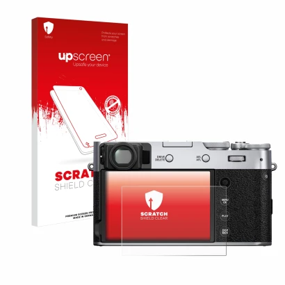 Parte frontale di una confezione del prodotto con il logo del marchio upscreen. Accanto è raffigurato il dispositivo Fujifilm 