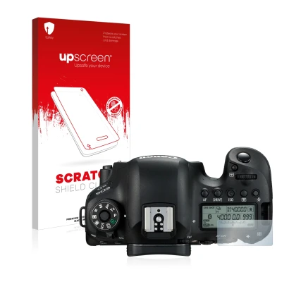 Parte frontale di una confezione del prodotto con il logo del marchio upscreen. Accanto è raffigurato il dispositivo Canon EOS