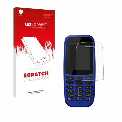 Parte frontale di una confezione del prodotto con il logo del marchio upscreen. Accanto è raffigurato il dispositivo Nokia 105