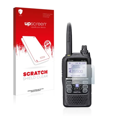 Parte frontale di una confezione del prodotto con il logo del marchio upscreen. Accanto è raffigurato il dispositivo Icom ID-5