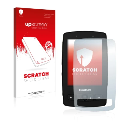 Parte frontale di una confezione del prodotto con il logo del marchio upscreen. Accanto è raffigurato il dispositivo TwoNav Av