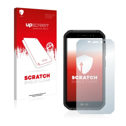 Parte frontale di una confezione del prodotto con il logo del marchio upscreen. Accanto è raffigurato il dispositivo Ulefone A