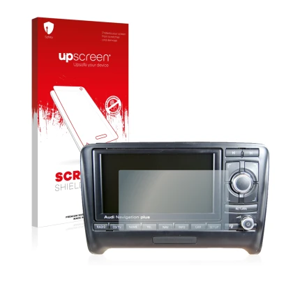 Parte frontale di una confezione del prodotto con il logo del marchio upscreen. Accanto è raffigurato il dispositivo Audi A3 8