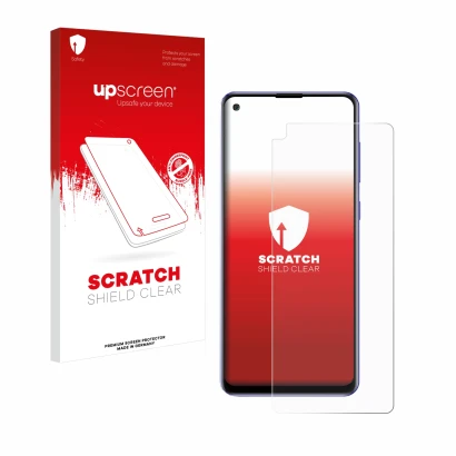 Parte frontale di una confezione del prodotto con il logo del marchio upscreen. Accanto è raffigurato il dispositivo Samsung G