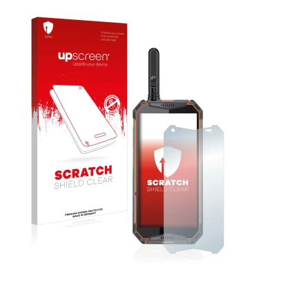 Parte frontale di una confezione del prodotto con il logo del marchio upscreen. Accanto è raffigurato il dispositivo Ulefone A