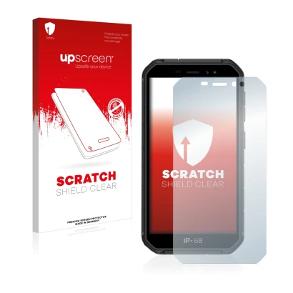 Parte frontale di una confezione del prodotto con il logo del marchio upscreen. Accanto è raffigurato il dispositivo Ulefone A