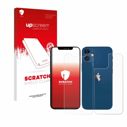 Parte frontale di una confezione del prodotto con il logo del marchio upscreen. Accanto è raffigurato il dispositivo Apple iPh