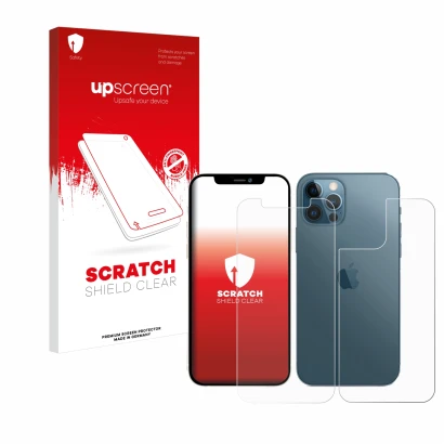 Parte frontale di una confezione del prodotto con il logo del marchio upscreen. Accanto è raffigurato il dispositivo Apple iPh