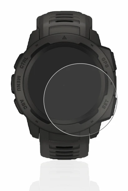Immagine del dispositivo Garmin Instinct Solar con un'ampia varietà di protezioni per lo schermo.