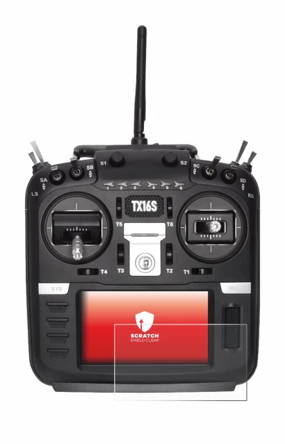 Immagine del dispositivo Radiomaster TX16S con un'ampia varietà di protezioni per lo schermo.
