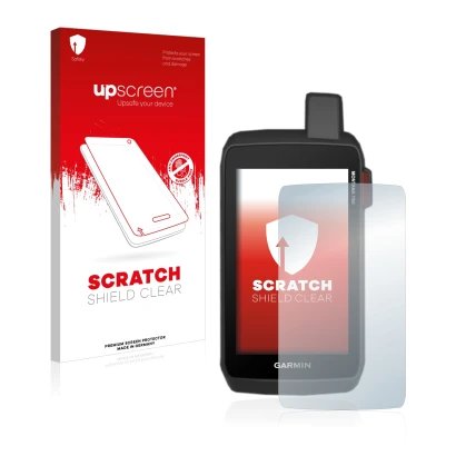 Parte frontale di una confezione del prodotto con il logo del marchio upscreen. Accanto è raffigurato il dispositivo Garmin Mo